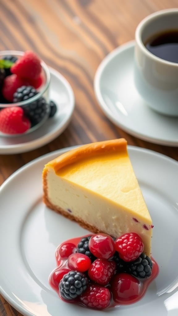 A slice of baked cheesecake with berry topping on a white plate, against a rustic wooden table.